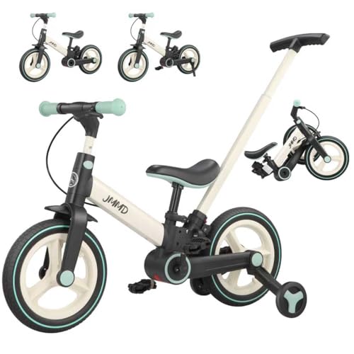 JMMD 6-in-1 Kinderfahrrad mit Stützrädern und Pedalen, Alter 18 Monate-5 Jahre, 12 Zoll Konvertierbares und Faltbares Laufrad & Fahrrad mit Verstellbarem Elternschiebegriff, Ständer, Bremsen