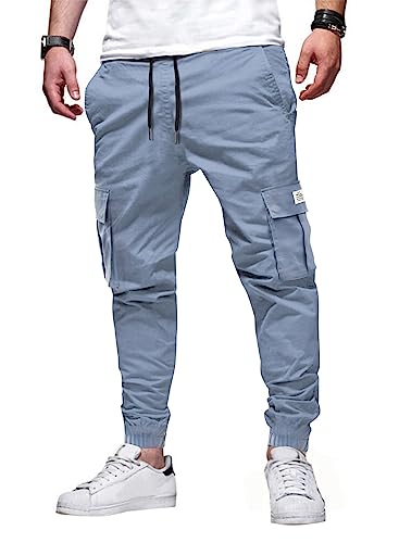 Elegancity Jogginghose Herren Cargohose Hellblau Einfarbige Hose Männer Causal Sporthose Elastische Freizeithose mit 6 Tasche M