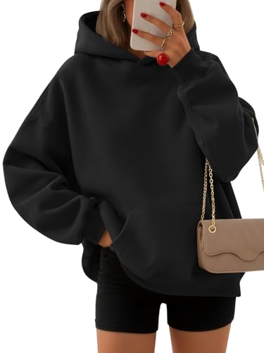 EFAN Damen Oversized Sweatshirts Pullover Hoodies Fleece Pullover Langarm mit Taschen Winter Herbst Outfits Y2k Kleidung, Schwarz, XL