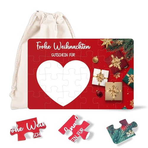 Gutschein Weihnachten, Gutscheine zum selber ausfüllen, 24-teilig Puzzle mit Baumwoll-Säckchen, Gutscheinkarte Weihnachten Verpackung, personalisierte Geschenke für Freundin Frauen Männer