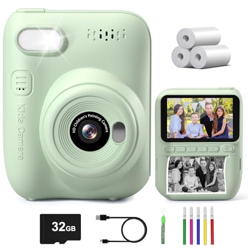 Gofunly Sofortbildkamera Kinder, 3.0 Zoll Bildschirm Kinderkamera Sofortbildkamera mit 32GB Karte & Druckpapier, 14MP/1080P Kamera Kinder Sofortdruck, Geschenk für 3-12 Jahren (Grün)