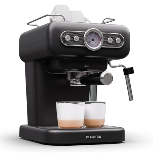 Klarstein Espresso Siebträgermaschine mit Milchaufschäumer, 1,2L Retro Mini-Espressomaschine mit Siebträger, 950 W Klein, Edelstahl-Kaffeemaschine für Cappuccino, Latte & Macchiato
