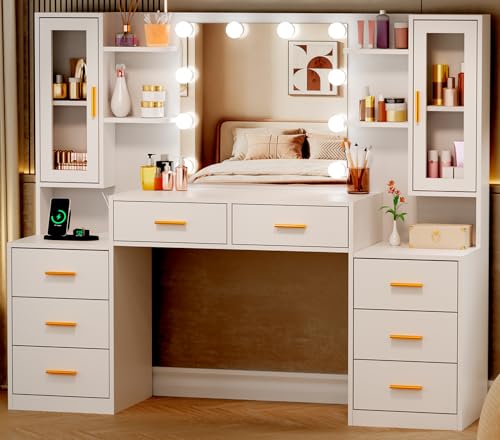 BEWISHOME Schminktisch Groß mit LED Beleuchtung und Steckdose, Einstellbare Helligkeit, Schminktisch mit Spiegel, Modern Frisiertisch mit 8 Schubladen, Kosmetiktisch für Schlafzimmer, Weiß, EFST65W