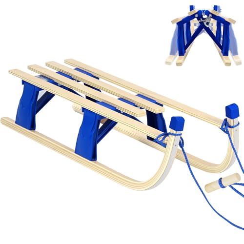 Laneetal Davoser Schlitten faltbar, Holzschlitten 110 cm, Kinderschlitten Rodelschlitten mit Zugseil, aus Buchenholz, für Kinder/Erwachsene, Blau