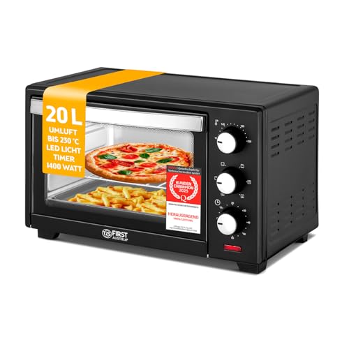 TZS First Austria - Minibackofen 20L 1380W - Mini Backofen stufenlose Temperaturregelung bis 230°C - Miniofen 60 Min. Timer, 3 Einschubhöhen, Backblech & Grillrost - Für kleine Küchen & Camping