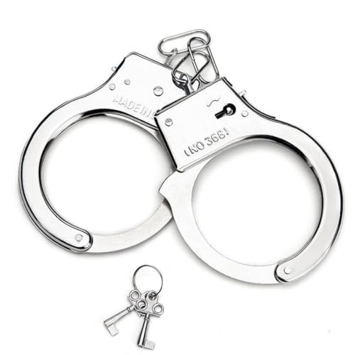 Handschellen Polizei Kostüm mit Schlüssel, Echt Stahl, Polizist Zubehör, Sträfling Accessoires, Polizei Handschellen zum fesseln mit Schlüssel, echte Profi Handschellen aus gehärtetem Stahl in silber