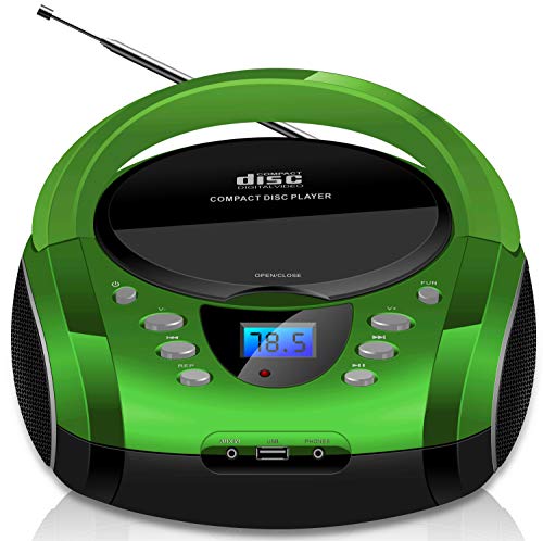 Cyberlux Tragbare Boombox CD/CD-R USB UKW-Radio AUX-In Kopfhöreranschluss CD-Player Kinderradio Boombox CD-Radio Stereoanlage Kompaktanlage Silverstone Green