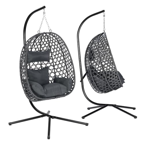 WOLTU Hängesessel mit Gestell, bis 150 kg belastbar, PE-Rattan Hängestuhl, mit Sitzkissen und Kopfstütze, für Indoor und Outdoor, Grau