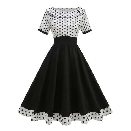 Odizli Rockabilly Kleider Damen Vintage Retro 50er Jahre Audrey Hepburn Petticoat Kleid Kurzarm Polka Dot Swing Coctailkleid Festlich Hochzeit Party Hochzeitsgast Knielang Sommerkleid Weiß XL