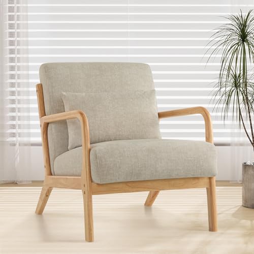 XH.Easy Go Accent Sessel mit Kissen,Moderner Polstersessel für Wohnzimmer, Lounge-Stuhl mit Armlehnen&Holzrahmen, bequemer Lesesessel, Stoff Hellgrau
