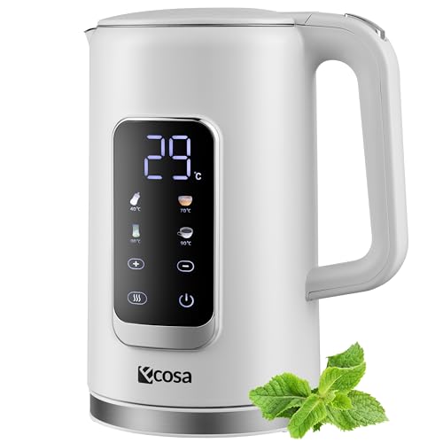 Wasserkocher Edelstahl mit Temperatureinstellung (40°C-100°C) 1,7 Liter 2200 Watt Teekocher 100% BPA FREI Warmhaltefunktion LED Display mit Temperaturwahl Wasser Kocher Water Kettle (Wanda White)