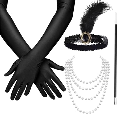 TK Gruppe Timo Klingler 20er Set Damen Kostüm - 1920er Jahre Charleston Accessories Great Gatsby mit Handschuhe, Halskette, Stirnband schwarz Fasching & Karneval
