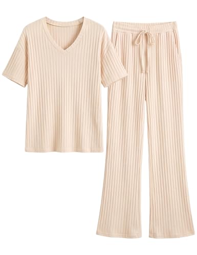 UMIPUBO Schlafanzug Damen Pyjamas Nachtwäsche Set Zweiteiler Sommer Elegant 2-Teilig Loungewear Lang Elastischer Pyjamahose und Shirt Leichter Hausanzug (Beige, M)