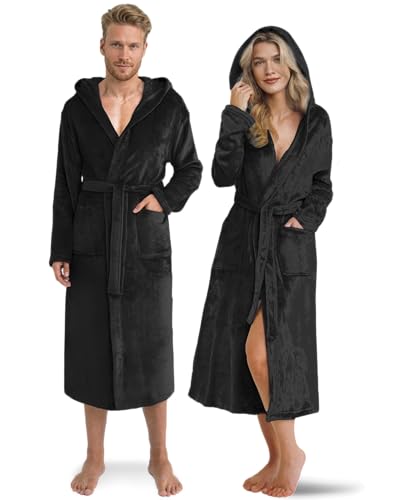 Twinzen Damen & Herren Kuschelfleece Morgenmantel mit Kapuze L - Schwarz - Weich, Warm & Bequem - Öko-Tex Standard 100 zertifiziert