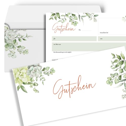heaven+paper 50 Blanko Gutscheine mit Umschlägen zum Ausfüllen Geschenkgutschein für Restaurant, Massage, Nagelstudio, Friseur, Beauty, Einzelhandel, B2C (Greenery)