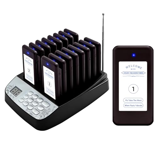 Vexorium Pager Rufsystem, 500M Restaurant Pager System, 16 Pager und Summer mit Vibrations-, Blink- und Piepton-Alarmen für Restaurants, Imbisswagen, Kirchenkindergärten, Cafés