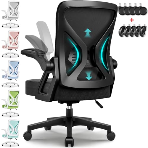 Airchros Bürostuhl Ergonomisch,Schreibtischstuhl mit Hochklappbaren Armlehnen,Einstellbare Lendenstütze,Höhenverstellbarer Chefsessel Drehstuhl,Netzstuhl mit Wippfunktion bis 125°,Schwarz