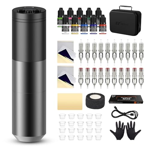 EZ Tattoo Maschinen Set - Tattoo Set mit Kabelloser Tattoo Maschine, 1500mAh Stromversorgung Akku, 20 Stück Tattoo Nadeln and 10 Farben Tinten für Tattoo Anfänger und Künstler (Lancer Grau)