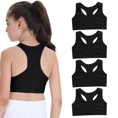 FUIPVGI 4 Stück Mädchen Sport BH Bustier Baumwolle, Ohne Bügel Bralette Bustier Mädchen, Trainings-BH für Mädchens 8-14 Jahre Cami Crop Top Sport BH (Schwarz)