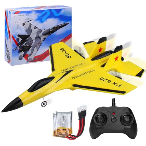 Henakmsl 2.4GHz RC Flugzeug 2CH Ferngesteuerter SU35 Kämpfer RC Flugzeug RTF für Anfänger, Kinder und Erwachsene, FX620 Flugzeug Spielzeug mit Farbigen Lichtern USB-Aufladung Gelb