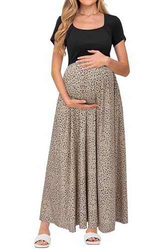 OUGES Sommerkleid Damen Lang Umstandskleid Maxikleid Elegant Kurzarm Stillkleid Sommer Kleid mit Taschen, XL