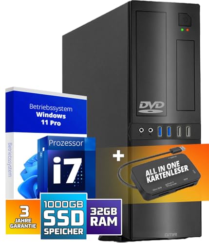 Schneller PC mit Intel Core i7 - Desktop Computer + Silent Rechner für Büro & Home Office mit 8-Thread 3.90 GHz - 32GB RAM - 1024GB SSD - USB3.0 - WLAN BT - inkl Windows 11 Pro mit Card Reader 5-in-1