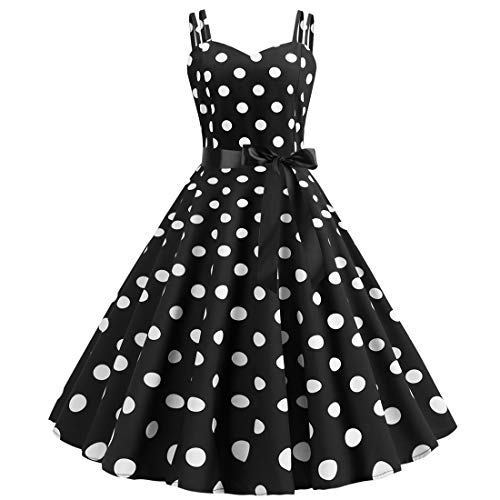 Rockabilly Kleider Damen 50er Jahre Vintage Retro 50s Petticoat Kleid Sommer Spaghettiträger Polka Dot Swing Pettycoatkleider Faltenrock Festlich Partykleid Coctailkleid Abendkleid Schwarz M