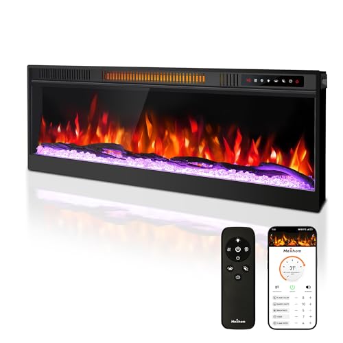Mexhom Elektrokamin 127 cm (50 Inch) Ultradünner Elektrischer Kamin, Geräuscharm mit 12 Flammenmodi, Versenkte Wandmontage, Glas-Touchscreen & Fernbedienung, Kristall- und Holzscheit-Dekoration