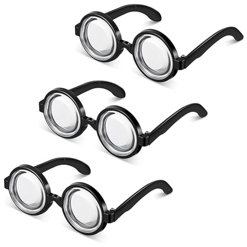 Techchii 3 Paar Nerd Brille, Runde Brille Ohne Stärke Schwarz Retro Lustige Brille für Karneval Mottoparty, für Oma Streber Verrückter Professor Erwachsene Kinder