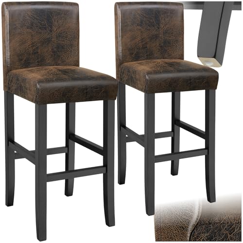 tectake® 2er Set Barhocker, Bistrohocker, Tresenhocker, Barhocker mit Lehne, gepolsterter Barstuhl, Bistrostuhl mit Fußstütze, Holz und Kunstleder, Stuhlbeine aus Massivholz, 107 cm hoch - antikbraun