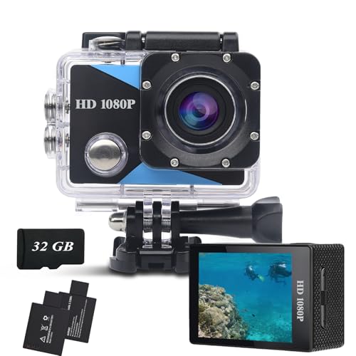 Nvgfelis Action Cam1080P mit 32GB Speicherkarte, Unterwasserkamera wasserdicht bis 30M, Actionkamera mit 2×900 mAh wiederaufladbare Akkus und Zubehör-Set