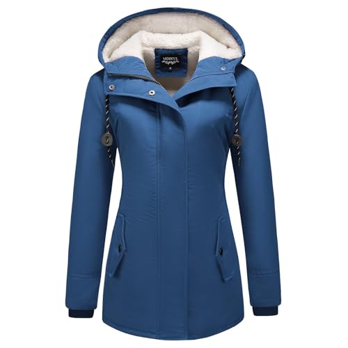 MODFUL Damen Winterparka Fleece Gefüttert Wintermantel mit Kapuze Dicke Coat Winterjacke (Marineblau, L)