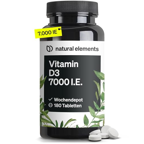natural elements Vitamin D3 7000 I.E. – 180 Tabletten – das Sonnenvitamin als Wochendepot – hochdosiert, ohne unnötige Zusätze – in Deutschland produziert & laborgeprüft