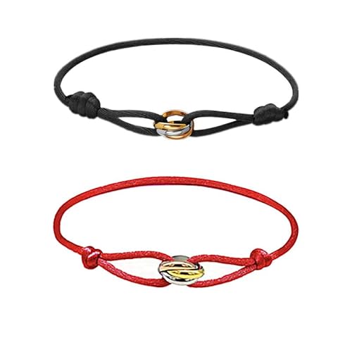Azlanway Segeltau Damen Armband Tricolor, 2 Stück Paar-Armband, Kordelarmband mit Edelstahl Ring in Silber, Gold & Roségold, Freundschaftsarmbänder, Einstellbares Handgelenk Armbänder（Schwarz + Rot）