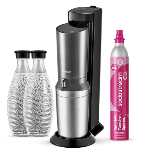 SodaStream – Crystal Wassersprudler, Quick Connect CO2-System, inklusive 60-Liter CO2-Zylinder, 2x 0,7L Liter Glasflasche, spülmaschinenfest, umweltfreundlich & weniger Einweg-Plastikmüll, titan