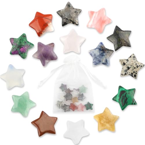 Stern Edelsteine, 15 Stück Kristalle Heilsteine Glücksbringer, Glückssteine mit Organzasäckchen, Chakra Stein für Meditation und Balance, Reiki Heilung, Dekoration