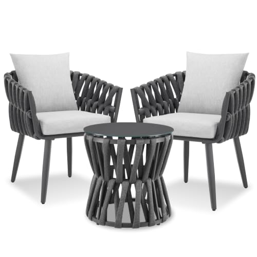 tectake® Gartenmöbel-Set Lugano Rope-Design, Aluminiumgestell, Tisch 2 Stühle, Dicke Sitzpolster, Gartenlounge, Loungemöbel, Gartensitzgruppe, Outdoor Lounge Set, Terrassenmöbel, Balkonmöbel