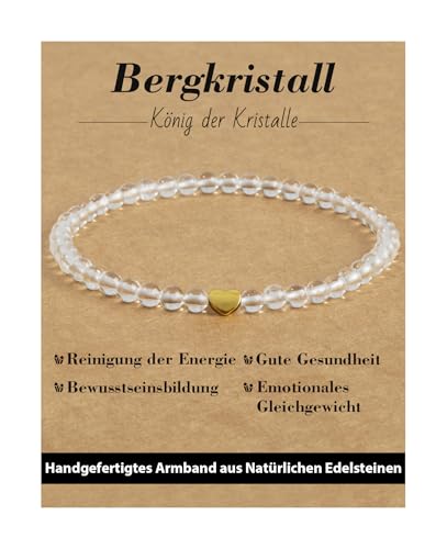Landorilo Armband Damen, 4mm Echten Naturstein mit 925 Vergoldeten Liebesperlen, Heilsteine Yoga Perlenarmband, Weihnachten, Geburtstag, Jahrestag Geschenk für Frauen(Bergkristall)