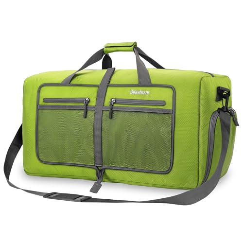 Bekahizar Leichte Faltbare Reisetasche 60L Große Travel Duffle Bag Übernachtung Taschen Verpackbar Reisegepäck Gym Sporttasche Mit Schuhfach für Herren Damen Flugzeug Camping Reisen Urlaub (olivgrün)