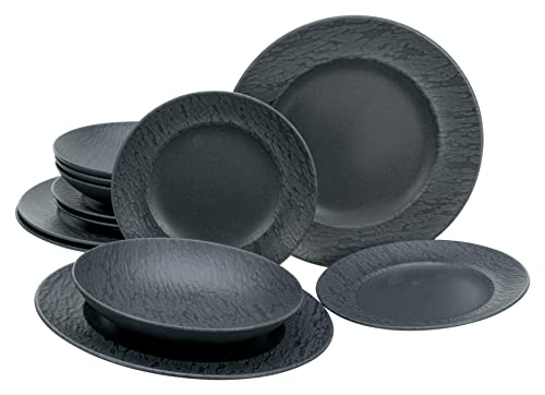 Creatable, 33320, Serie Rondo SCHIEFER black, 12-teiliges Geschirrset, Teller Set aus Steinzeug, spülmaschinen- und mikrowellengeeignet, Made in Portugal