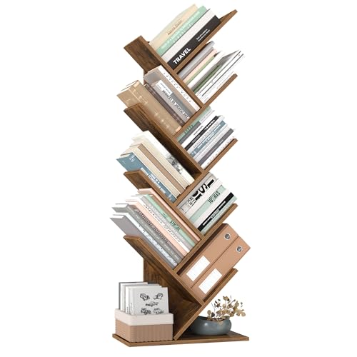 VASAGLE Bücherregal Baumform, Standregal 9 Ebenen, Eckregal platzsparend, Aufbewahrungsregal für Schlafzimmer, Wohnzimmer, Homeoffice, vintagebraun LBC11BX