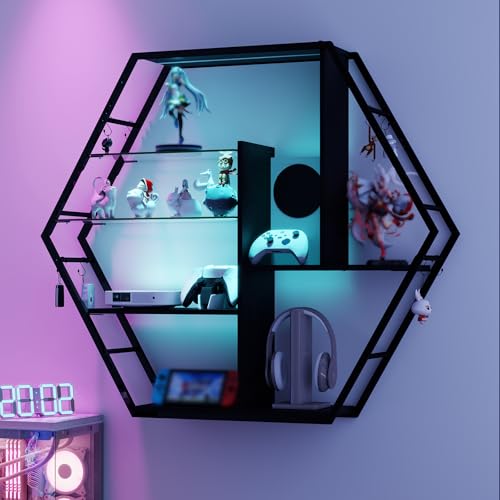 YU YUSING Schwebende Regale mit RGB 7 Farben, Wandregal Gaming-Regale mit 8 Haken, Display-Regale, Wandvitrine mit 2 Glasböden, Hängevitrine für Schlafzimmer Küche Bar Spielzimmer-Dekoration, Hexagon