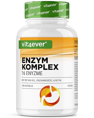 vit4ever Verdauungsenzyme - 180 Kapseln mit 16 Enzyme plus Betain HCL, Rutin & Enzianwurzel - Mit Bromelain, Papain, Amylase, Lipase, Protease, Laktase - Vegan - Hochdosiert