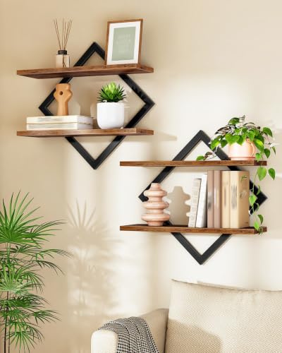CHOEZON Wandregal, 2er-Set, Schweberegal, 2-stöckige Hängeregale, für Wohnzimmer, Schlafzimmer, Küche, Büro, Rustikales Braun und Schwarz DTBJ01P2BF