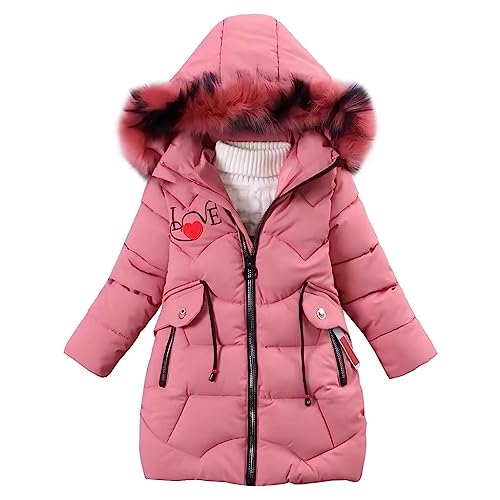 linboo Mädchen Winterjacke Kinder Wintermantel Dicke Steppjacke Lange Warme Parka Baumwolljacke Outdoor Mantel mit Fellkapuze und Love Stickdruck, Rosenrot, 140-146 (Etikettengröße: 150)