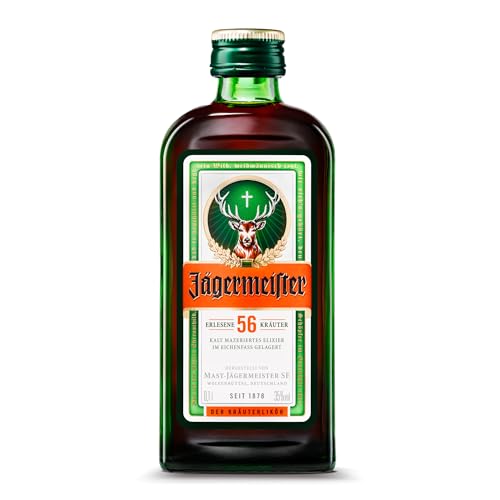 Jägermeister – 12 x 0,1 l Premium Kräuterlikör 35% Vol. – 56 erlesene Kräuter – Kalt mazeriertes Elixier – Im Eichenfass gelagert – Das Original aus Wolfenbüttel