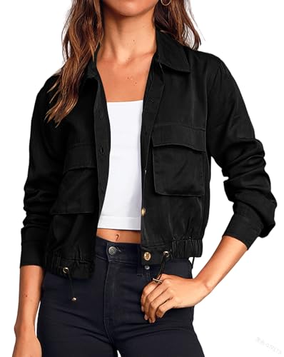 Cicy Bell Übergangsjacke Damen Crop Jacke frühling Leichte Sommerjacke Kurzer Mantel Parka Jacket Herbstjacke.Schwarz M