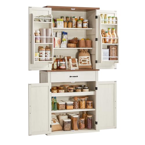 VASAGLE Küchenschrank, 178,6 cm hoher Mehrzweckschrank, Landhausstil, mit Schiebetüren, Schublade, Ablage und verstellbaren Einlegeböden, für Küche Esszimmer, vintageweiß BBK364W02