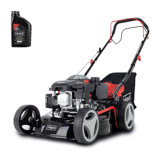 Scheppach Rasenmäher RM420A | 5 in 1-3,3PS | Schnittbreite 420mm | 45L Fangkorb | Schnitthöhenverstellung 25-75 mm | inkl. Radantrieb, Reinigungsfunktion & Motoröl