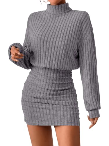 Saodimallsu Damen Strickkleider Minikleid Langarm Rollkragen Kleid Grau M